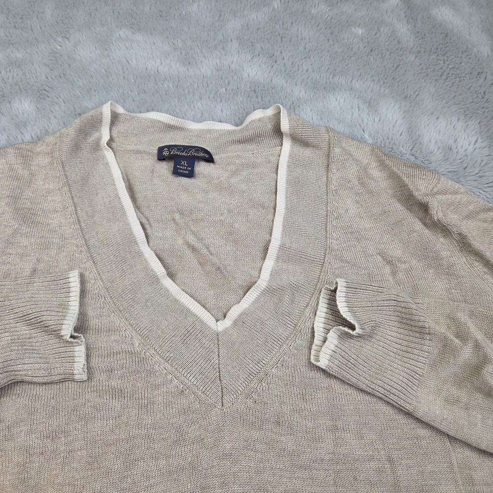 Brooks‎ Brothers Silk Cashmere Sweater Mens XL V-Neck Contrast Trim Beige Tan